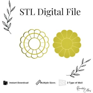 Könnte beinhalten: Zwei digitale Dateien zum 3D-Druck, eine gelbe Gänseblümchen mit einem Loch in der Mitte und eine durchgehende gelbe Gänseblümchen. Der Text "STL Digital File" befindet sich oben im Bild. Das Bild enthält auch Symbole für den sofortigen Download, mehrere Größen und zwei Arten von Wänden.
