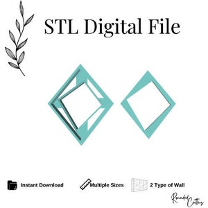 Puede incluir: Dos archivos digitales para impresión 3D, mostrados como una forma de diamante azul turquesa con un interior blanco. El texto "STL Digital File" está en la parte superior de la imagen. La imagen también incluye iconos para descarga instantánea, varios tamaños y dos tipos de paredes.