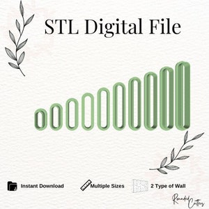 May include: STL digital file for 3D printing of a set of 9 oval-shaped wall decor pieces in various sizes. The ovals are arranged in a graduated size order, with the smallest oval on the left and the largest oval on the right. The ovals are a light green color.