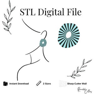 Puede incluir: Gráfico de archivo digital STL con un dibujo lineal de una persona que lleva un pendiente turquesa y blanco. La imagen incluye el texto "STL Digital File", "Instant Download", "2 Sizes" y "Sharp Cutter Wall".