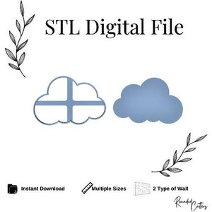Op de afbeelding: STL digitaal bestand voor 3D-printen, met twee wolkontwerpen. Eén wolk heeft een kruisvormig raam, terwijl de andere een massieve wolk is. De afbeelding bevat tekst die aangeeft dat er direct gedownload kan worden en dat er meerdere maten beschikbaar zijn.