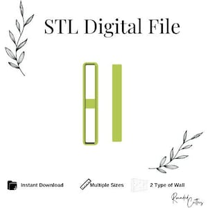 Puede incluir: Archivo digital STL para un diseño de estantes de pared impresos en 3D. Los estantes son rectangulares y tienen un diseño simple y moderno. Un estante tiene una pequeña barra horizontal en la parte delantera.