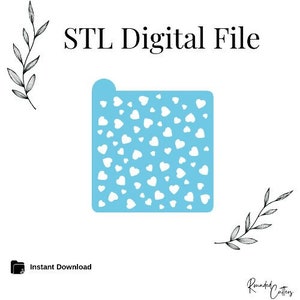 Könnte beinhalten: Eine blaue digitale Datei für eine 3D-gedruckte Schablone mit einem Muster aus weißen Herzen. Die Datei steht zum sofortigen Download bereit. STL Digital File.