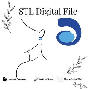 Puede incluir: Ilustración de un perfil con un pendiente azul, un remolino azul y ramitas de hojas. El texto "STL Digital File" está en la parte superior. Iconos de "Descarga instantánea" y "Múltiples tamaños" en la parte inferior.