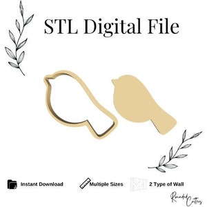 May include: STL Digital File for a bird cookie cutter. The image shows two bird cookie cutters, one with a solid outline and the other with a cut-out design. The cookie cutters are beige in colour.