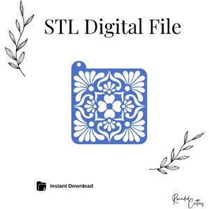 May include: A digital STL file for 3D printing a blue and white tile design. The tile features a floral pattern with a central flower and surrounding decorative elements.