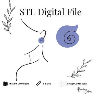 Könnte beinhalten: STL Digital File Text mit einer Strichzeichnung einer Person, die einen lila Muschelohrring trägt. Das Bild enthält auch eine lila Muschel mit einem Spiraldesign, ein Lineal-Symbol, ein Ordnersymbol und ein Gittersymbol.