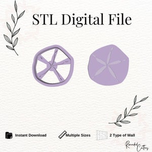 May include: STL Digital File text with two purple 3D printed designs of a starfish and a wheel. The text below the designs reads "Instant Download", "Multiple Sizes", and "2 Type of Wall".