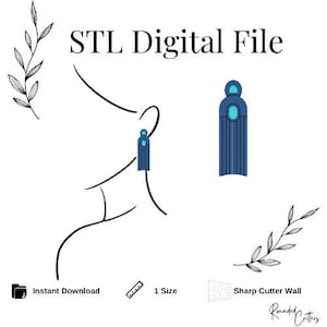 May include: STL Digital File - A digital file for 3D printing a pair of tassel earrings. The earrings are blue with a turquoise accent. The image shows a line drawing of a person wearing the earrings. The text "STL Digital File" is at the top of the image.