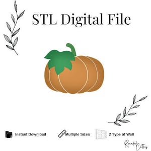 Könnte beinhalten: Digitale Datei mit einem orangefarbenen Kürbis-Design mit grünen Blättern und weißen Linien. Der Text "STL Digital File" steht oben. Enthält Symbole für sofortigen Download und mehrere Größen.