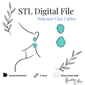 May include: STL Digital File Polymer Clay Cutter, a digital download for creating earrings. The image shows a line drawing of a person's ear with two turquoise geometric shapes, representing the earrings. The text "STL Digital File Polymer Clay Cutter" is at the top of the image.