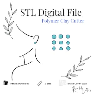 Pode incluir: Fundo branco com o texto "STL Digital File Polymer Clay Cutter". A imagem inclui um desenho de linha de um perfil com um brinco turquesa e formas turquesas. As palavras "Instant Download", "1 Size" e "Sharp Cutter Wall" também estão presentes.