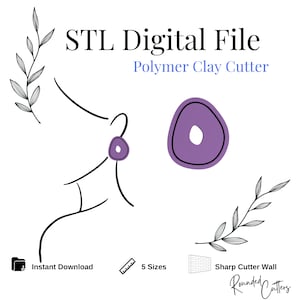 May include: Digital file for a polymer clay cutter. The image features a stylized illustration of a face with an earring, a purple shape, and botanical elements. Text includes "STL Digital File," "Polymer Clay Cutter," "Instant Download," and "5 Sizes."