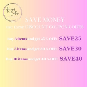 May include: A pink and yellow gradient background with white text that reads "SAVE MONEY" and "use these DISCOUNT COUPON CODES". Below the text are three lines of text with discount codes: "Buy 3 items and get 25% OFF: SAVE25", "Buy 5 items and get 30% OFF: SAVE30", and "Buy 10 items and get 40% OFF: SAVE40".