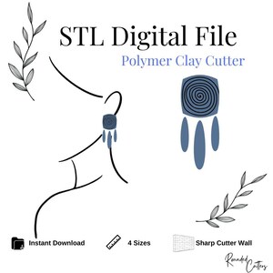 Puede incluir: Archivo digital STL para cortador de arcilla polimérica. El diseño presenta una espiral azul con un colgante en forma de gota. La imagen muestra un dibujo de línea de una persona usando los aretes.