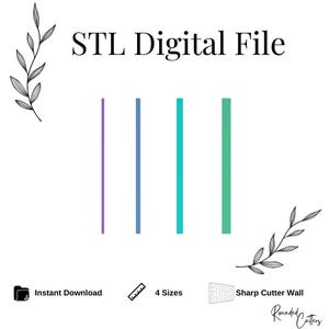Puede incluir: Una imagen con el texto "STL Digital File" y cuatro líneas verticales en morado, azul, turquesa y verde. La imagen también incluye el texto "Descarga instantánea", "4 tamaños" y "Sharp Cutter Wall".