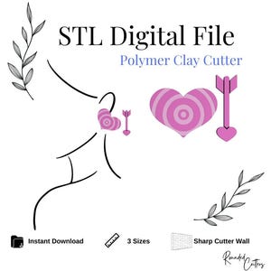 May include: STL Digital File Polymer Clay Cutter, a digital download for creating polymer clay cutters. The image shows a pink heart with a circle pattern and an arrow, which are the shapes of the cutters.