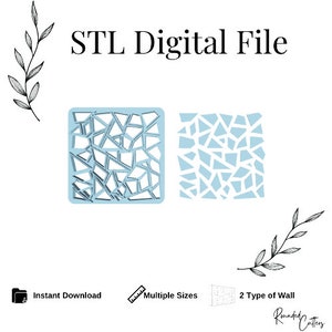 May include: STL Digital File for a 3D printed design of a square wall panel with a broken glass pattern. The design comes in two styles, one with a solid wall and one with an open wall. The image shows the two styles side-by-side.