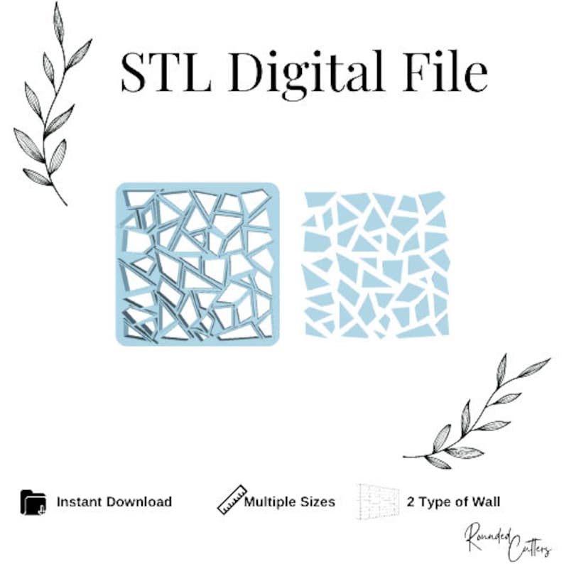 May include: STL Digital File for a 3D printed design of a square wall panel with a broken glass pattern. The design comes in two styles, one with a solid wall and one with an open wall. The image shows the two styles side-by-side.