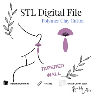 Pode incluir: Arquivo digital STL Cortador de argila polimérica, um download digital para um cortador de parede cônico em forma de leque. A imagem mostra um desenho de linha de uma pessoa com o cortador na orelha, e uma imagem separada do cortador. O texto "TAPERED WALL" também está incluído na imagem.