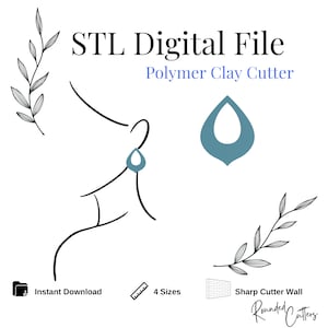 Op de afbeelding: Digitaal bestand voor een polymeerklei cutter. De afbeelding toont een teal teardrop oorbel ontwerp, een lijntekening van een gezicht met de oorbel, en tekst die luidt "STL Digital File" en "Polymer Clay Cutter".