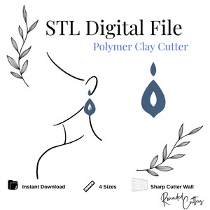 Könnte beinhalten: STL Digital File Polymer Clay Cutter, eine digitale Download-Datei zum Erstellen eines tropfenförmigen Cutters für Polymer Clay. Das Bild zeigt eine Linienzeichnung einer Person, die einen tropfenförmigen Ohrring trägt, und einen blauen tropfenförmigen Cutter.