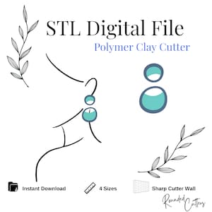 May include: STL Digital File Polymer Clay Cutter, a digital download for creating earrings. The image shows a line drawing of a person's ear with two turquoise earrings. The earrings are round and have a white center. The image also includes a small icon of a ruler, indicating that the file comes in four sizes.