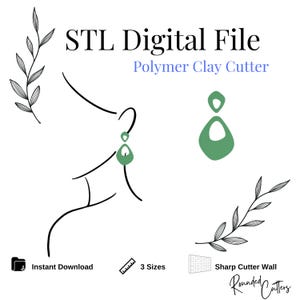 Op de afbeelding: STL Digital File Polymer Clay Cutter, een digitale download voor het maken van oorbellen. De afbeelding toont een lijntekening van een persoon die een paar oorbellen draagt, en een aparte afbeelding van het ontwerp van de oorbel. De oorbel is groen en heeft een traanvorm.