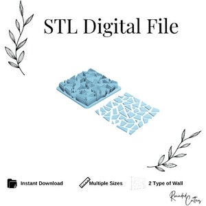 May include: STL digital file for 3D printing of two different types of wall designs. The designs are made up of small, irregular shapes that resemble broken pieces of glass. The file is available for instant download and comes in multiple sizes.