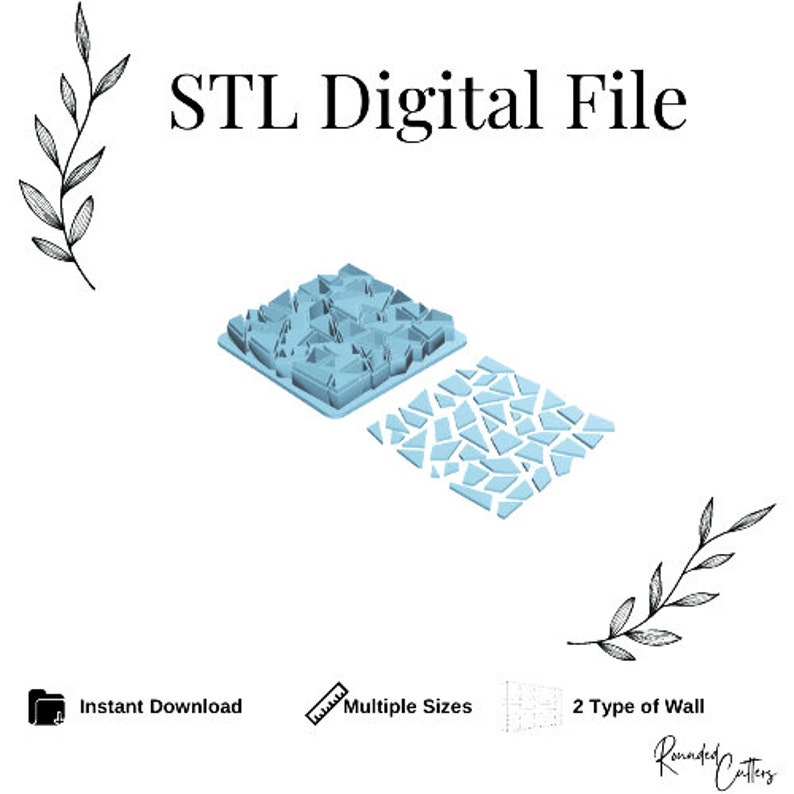 May include: STL digital file for 3D printing of two different types of wall designs. The designs are made up of small, irregular shapes that resemble broken pieces of glass. The file is available for instant download and comes in multiple sizes.