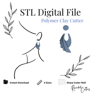 Könnte beinhalten: STL Digital File Polymer Clay Cutter. Eine digitale Datei für einen Polymer Clay Cutter in Form eines stilisierten Ohrrings. Der Cutter ist blau und hat eine scharfe Kante. Das Bild zeigt auch eine Linienzeichnung einer Person, die den Ohrring trägt.