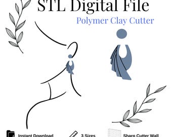 May include: STL Digital File Polymer Clay Cutter. A digital file for a polymer clay cutter in the shape of a stylized earring. The cutter is blue and has a sharp edge. The image also includes a line drawing of a person wearing the earring.