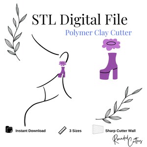 May include: STL Digital File Polymer Clay Cutter, a digital download for creating a purple platform shoe with a flower on top. The file comes in three sizes and is designed for use with a sharp cutter wall.