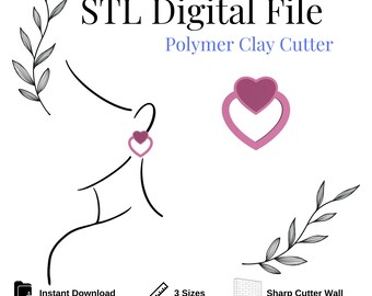 Cutout Heart with Stone Polymer Clay Earring Cutter,  Digital STL File, 3 Sizes, #R474
