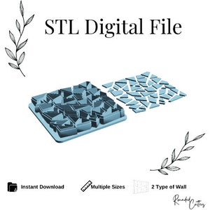 May include: STL Digital File for a 3D printed mold of a broken glass design. The mold is shown in two parts, one with the broken glass pieces attached and the other with the pieces separated. The image includes the text "STL Digital File", "Instant Download", "Multiple Sizes", and "2 Type of Wall".