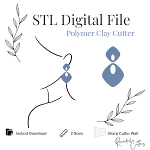 Può includere: File digitale STL per tagliatore di pasta polimerica, un download istantaneo per creare orecchini. L'immagine mostra un disegno a linea di una persona che indossa un paio di orecchini, e un primo piano del design dell'orecchino. Gli orecchini sono blu e hanno una forma geometrica.