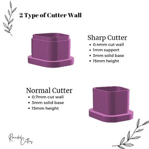 May include: Two types of square cookie cutters, one with a sharp edge and one with a normal edge. Both are purple and 1.5 inches tall. The sharp cutter has a 0.4 mm cut wall, 1 mm support, 3 mm solid base, and 15 mm height. The normal cutter has a 0.7 mm cut wall, 3 mm solid base, and 15 mm height.