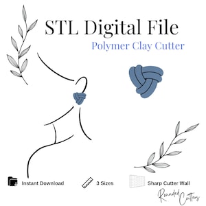 Puede incluir: Archivo digital para un cortador de arcilla polimérica. La imagen presenta un dibujo lineal de una cara con un nudo azul, un diseño de nudo azul e ilustraciones botánicas. El texto incluye "STL Digital File", "Polymer Clay Cutter", "Instant Download", "3 Sizes" y "Sharp Cutter Wall".