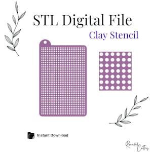 May include: A digital file for a clay stencil. The stencil is a purple rectangle with a grid of white circles. The text "STL Digital File Clay Stencil" is at the top of the image. The text "Instant Download" is at the bottom of the image.