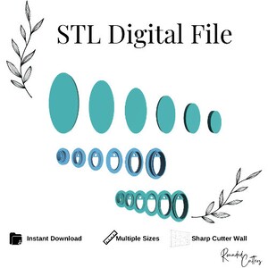 May include: STL digital file for a sharp cutter wall with multiple sizes of oval shapes in teal and light blue. The image includes the text "STL Digital File", "Instant Download", "Multiple Sizes", and "Sharp Cutter Wall".