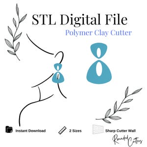 Peut inclure: Fichier numérique pour une découpe de pâte polymère. Le design présente une forme de boucle d'oreille turquoise et un dessin au trait d'un visage portant les boucles d'oreilles. Texte: "STL Digital File", "Polymer Clay Cutter", "Instant Download", "2 Sizes", et "Sharp Cutter Wall".