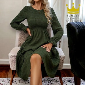 Green Autumn Midi Dress | Bohemian Long Sleeve Boho Fall Dress For Women | Autumn Collection Dress | Women's Boho Fall Dress | Gift For Her