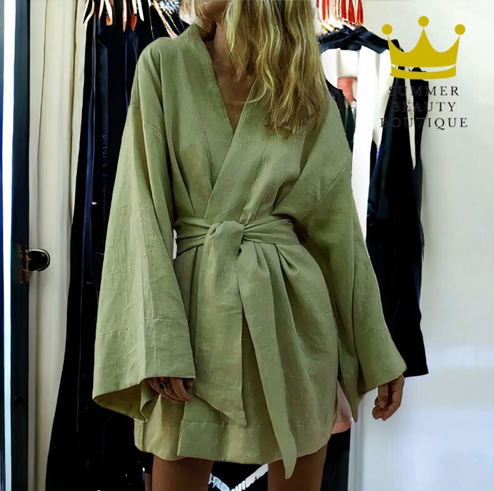Short Kimono Robe Kimono Wrap up Robe Green Minimalist Etsy UK