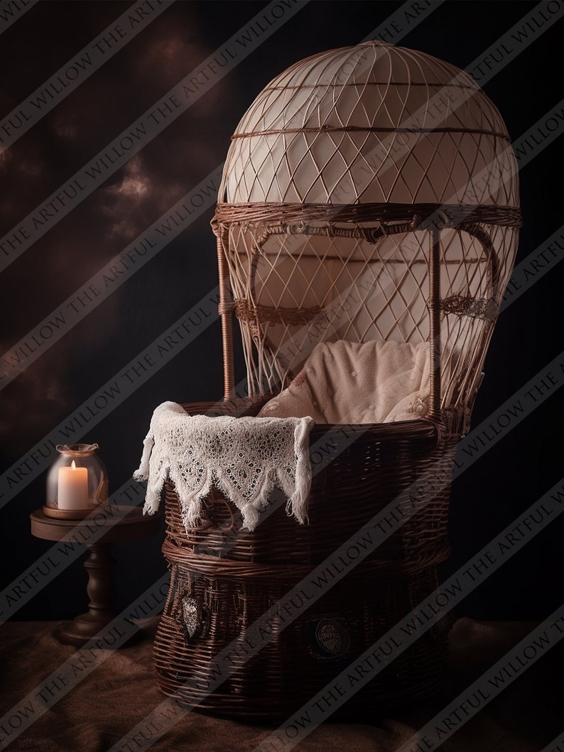 The 'Kiara' Digital Backdrop collection SET OF 5 stunning boho rustic wicker and cream hot air balloons for newborn photography image 6