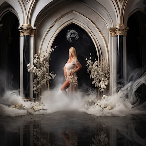 May include: A pregnant woman in a white dress stands in a room with white flowers and smoke. The room has arched doorways and ornate columns.