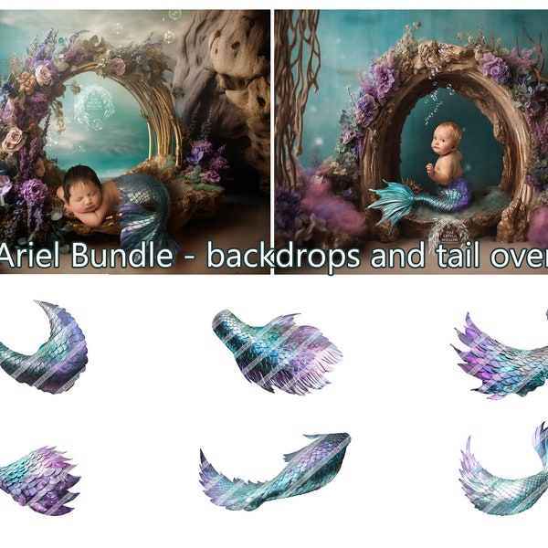 The 'Ariel' Digital Backdrop and tail overlay BUNDLE (SET OF 5 stunning mermaid backdrops for Newborn & Baby photography) + overlays