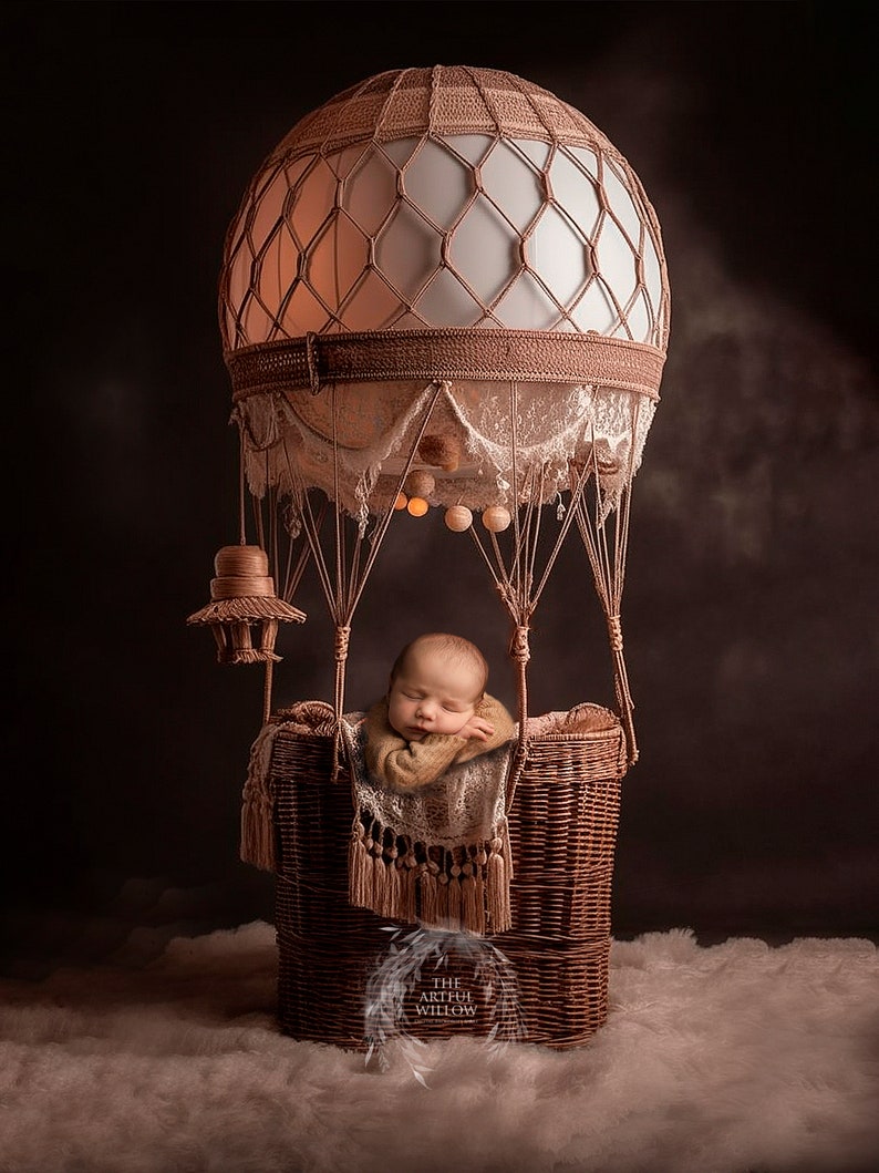 The 'Kiara' Digital Backdrop collection SET OF 5 stunning boho rustic wicker and cream hot air balloons for newborn photography image 1