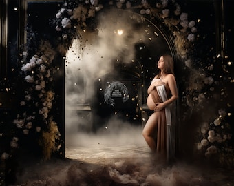 The 'Ellie' Digital Backdrop collection (SET OF 5 stunning black and gold arches with smoke and flora for maternity & portrait photography)