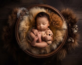 May include: A newborn baby sleeping peacefully in a brown wooden bowl lined with a soft, fluffy brown and beige fur. The baby is holding a small brown teddy bear.