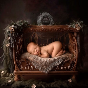 Puede incluir: Un bebé recién nacido durmiendo plácidamente en una cuna de madera decorada con vegetación y flores. La cuna tiene un dosel y está rodeada de un fondo verde exuberante.